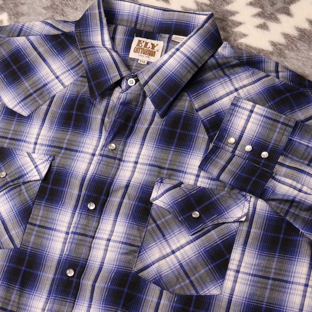 Ely Cattleman Blue Black Plaid Western Pearl Snap Shirt XXL Metallic Accent